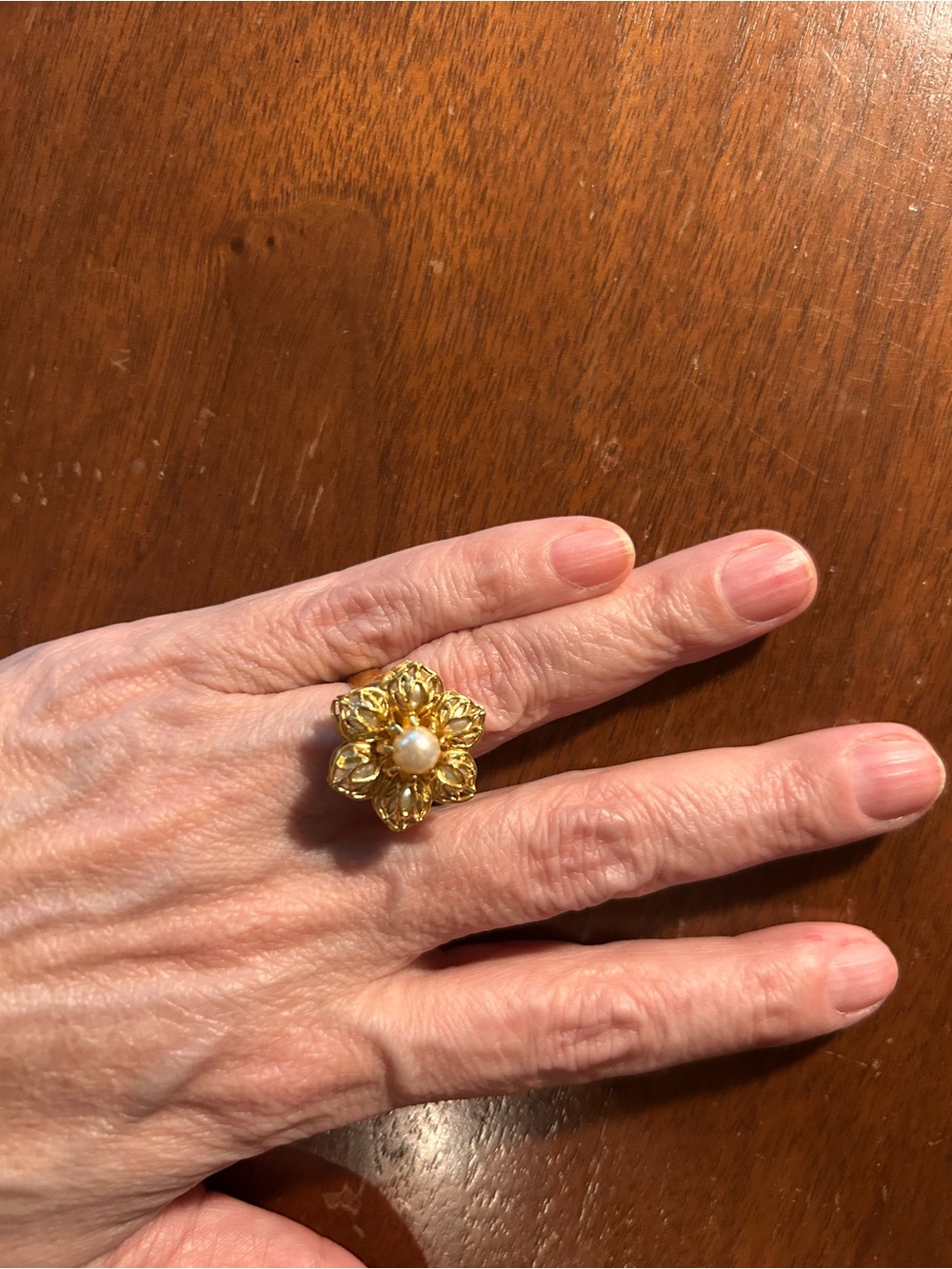 Gold Floral Pearl Statement Ring - Women Jewelry circa 1960
